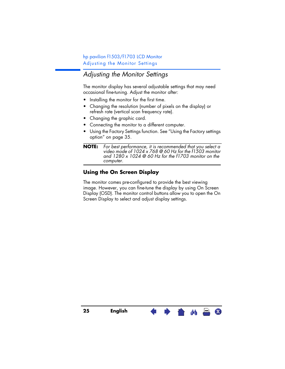 Adjusting the monitor settings | HP Pavilion f1503 15 inch Flat Panel Monitor User Manual | Page 25 / 56