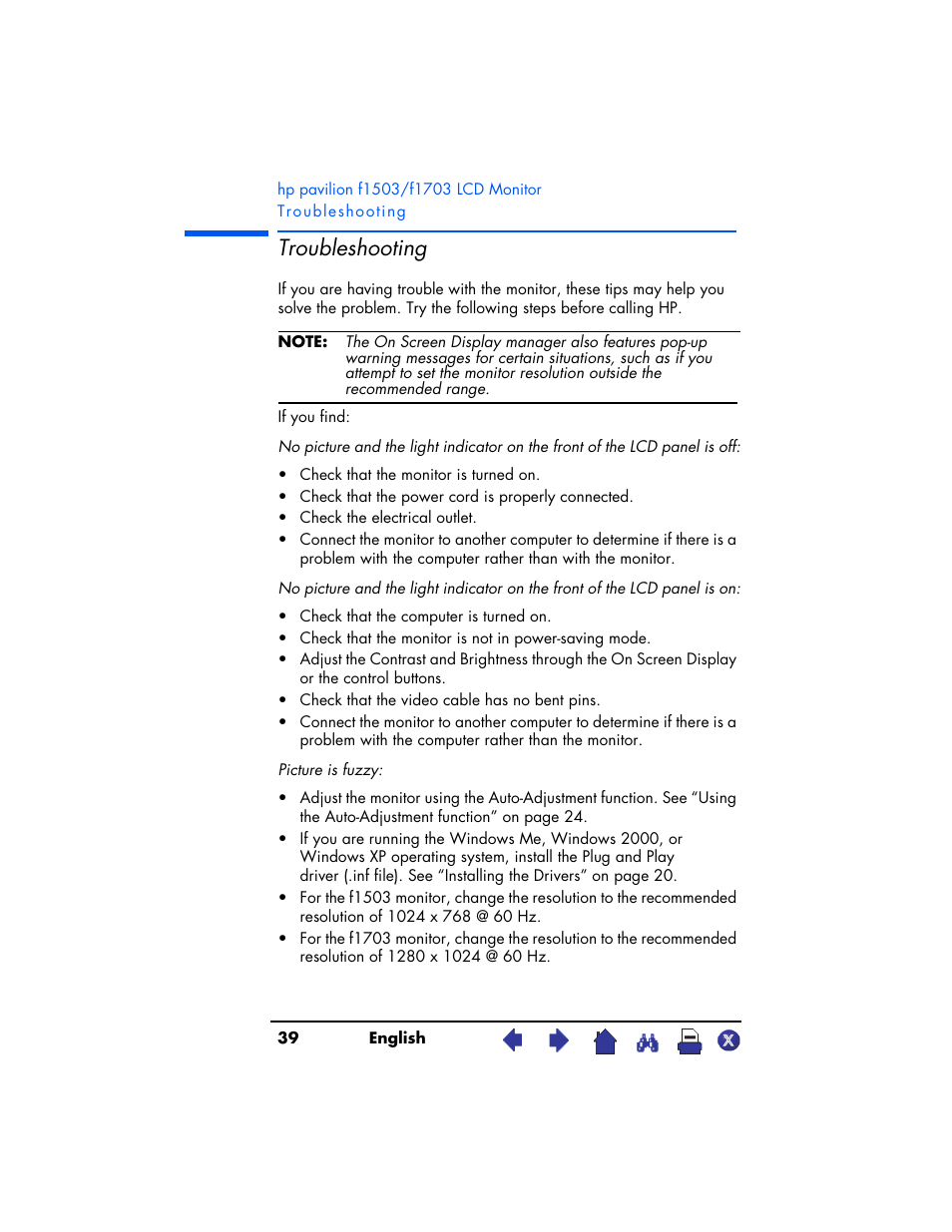 Troubleshooting | HP Pavilion f1503 15 inch Flat Panel Monitor User Manual | Page 39 / 56