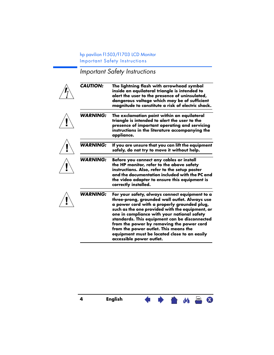 Important safety instructions | HP Pavilion f1503 15 inch Flat Panel Monitor User Manual | Page 4 / 56