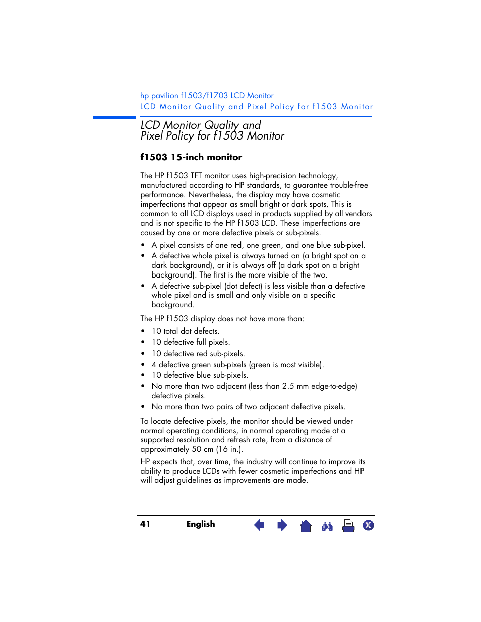 Lcd monitor quality and pixel, Policy for f1503 monitor | HP Pavilion f1503 15 inch Flat Panel Monitor User Manual | Page 41 / 56