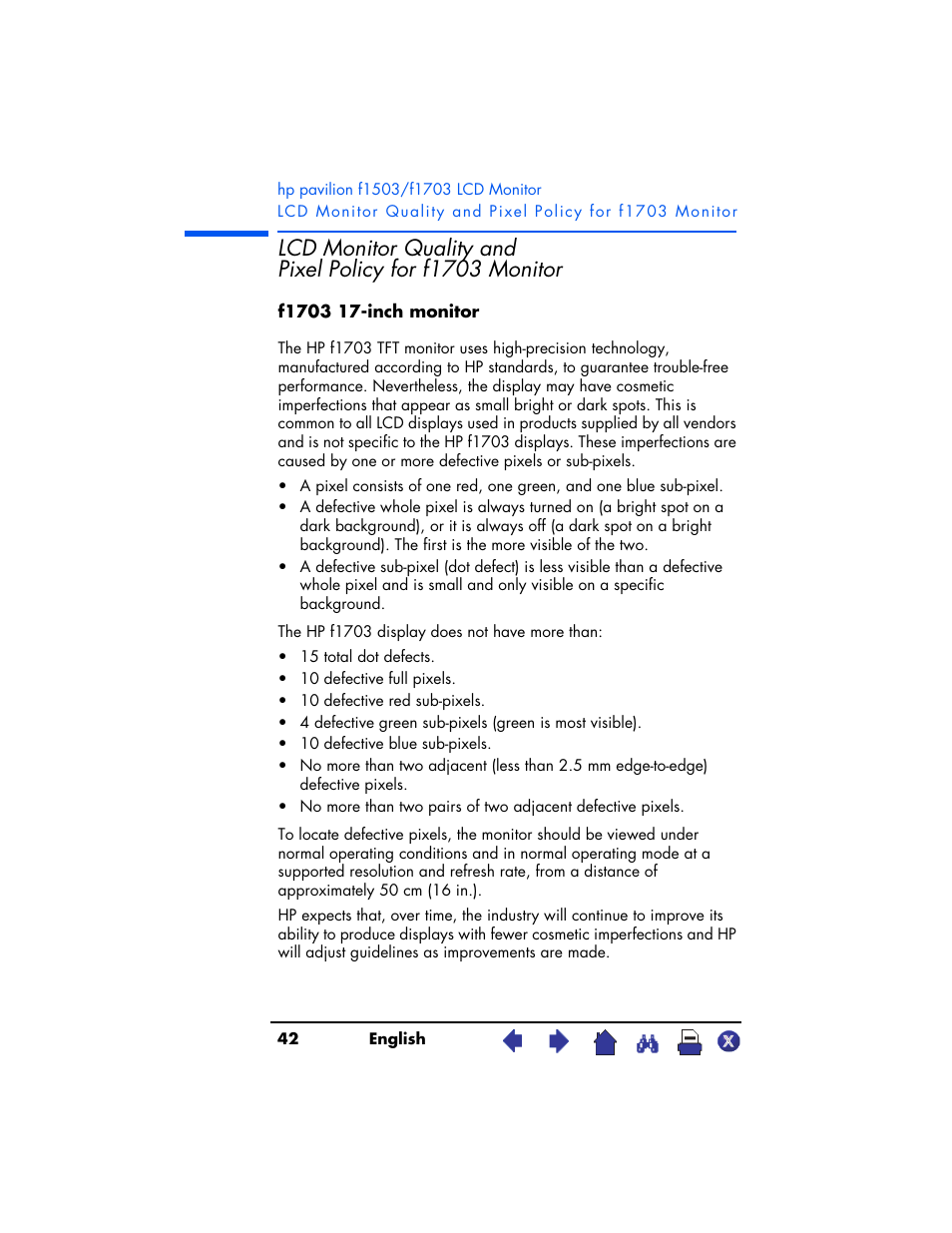 Lcd monitor quality and pixel, Policy for f1703 monitor | HP Pavilion f1503 15 inch Flat Panel Monitor User Manual | Page 42 / 56