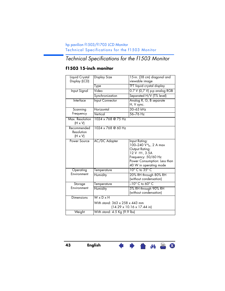 Technical specifications for the f1503 monitor, Technical specifications for the, F1503 monitor | HP Pavilion f1503 15 inch Flat Panel Monitor User Manual | Page 43 / 56