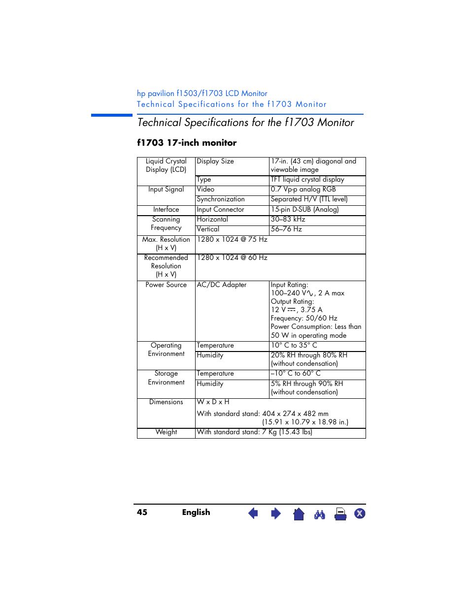 Technical specifications for the f1703 monitor, Technical specifications for the, F1703 monitor | HP Pavilion f1503 15 inch Flat Panel Monitor User Manual | Page 45 / 56