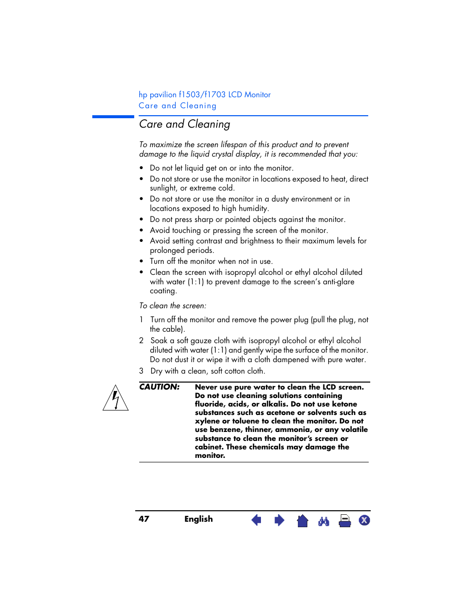 Care and cleaning | HP Pavilion f1503 15 inch Flat Panel Monitor User Manual | Page 47 / 56