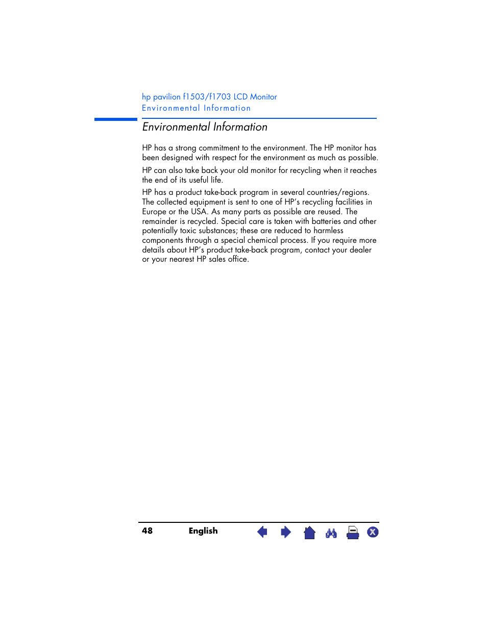 Environmental information | HP Pavilion f1503 15 inch Flat Panel Monitor User Manual | Page 48 / 56