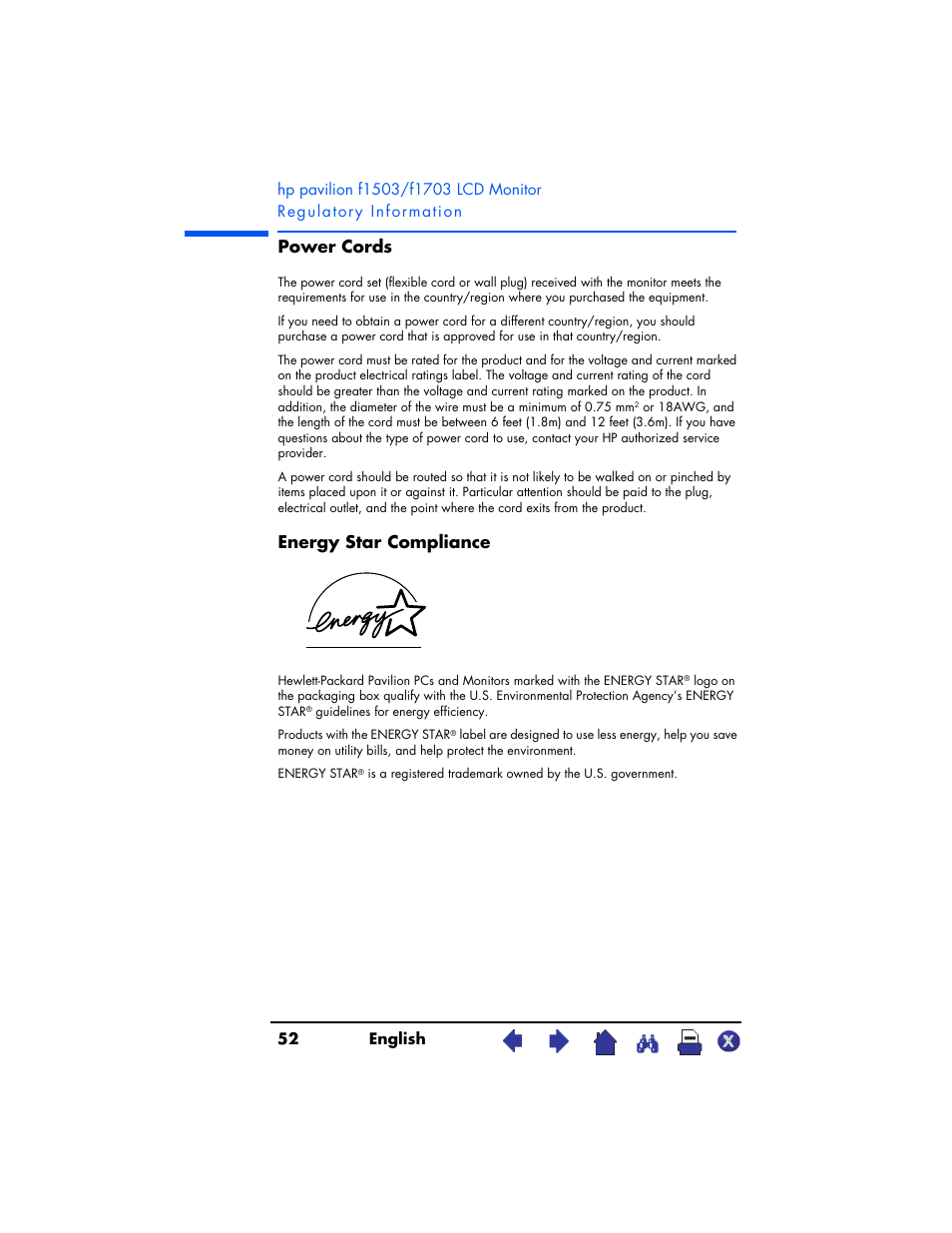 Power cords, Energy star compliance | HP Pavilion f1503 15 inch Flat Panel Monitor User Manual | Page 52 / 56