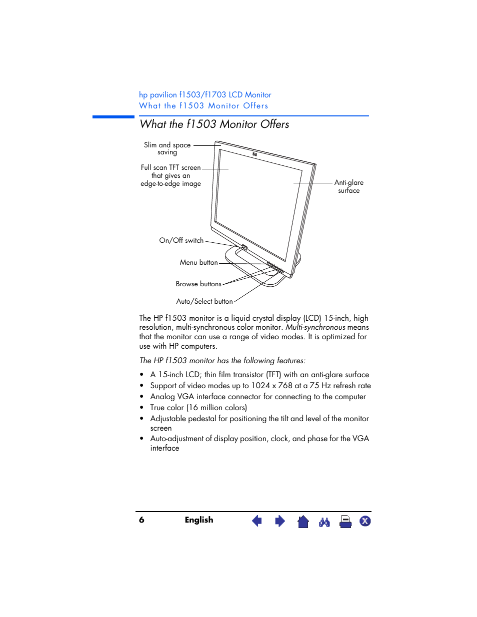 What the f1503 monitor offers | HP Pavilion f1503 15 inch Flat Panel Monitor User Manual | Page 6 / 56