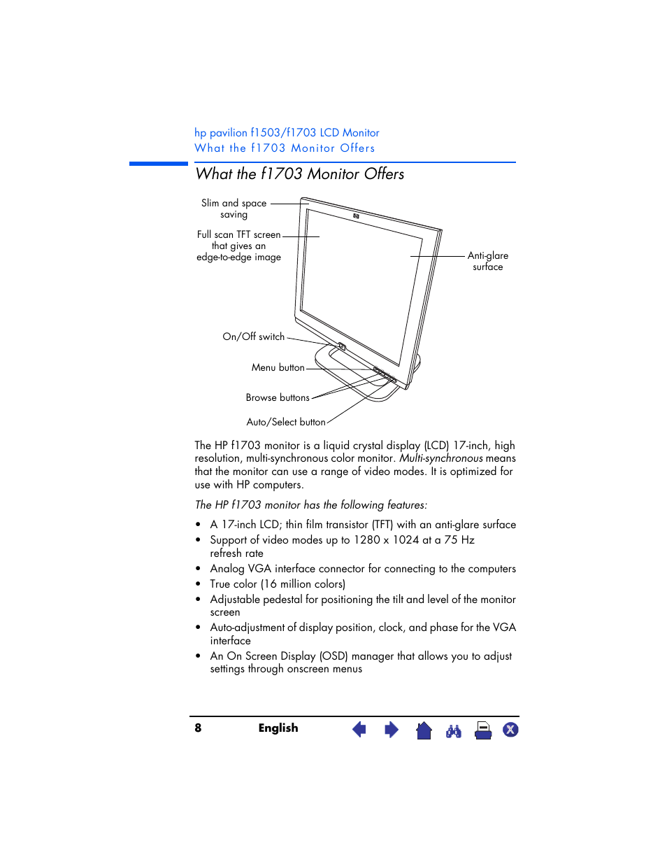 What the f1703 monitor offers | HP Pavilion f1503 15 inch Flat Panel Monitor User Manual | Page 8 / 56