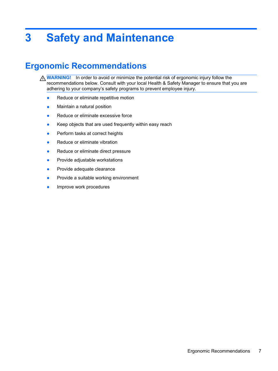Safety and maintenance, Ergonomic recommendations, 3 safety and maintenance | 3safety and maintenance | HP RP7 Retail System Model 7100 User Manual | Page 13 / 41