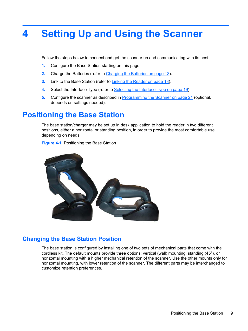 Setting up and using the scanner, Positioning the base station, Changing the base station position | 4 setting up and using the scanner, 4setting up and using the scanner | HP RP7 Retail System Model 7100 User Manual | Page 15 / 41