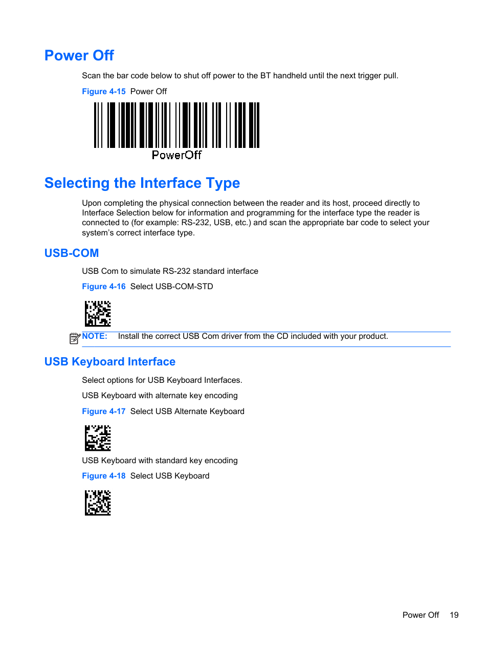 Power off, Selecting the interface type, Usb-com | Usb keyboard interface, Power off selecting the interface type, Usb-com usb keyboard interface | HP RP7 Retail System Model 7100 User Manual | Page 25 / 41