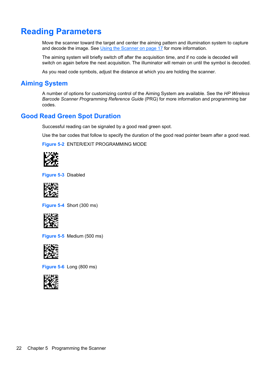 Reading parameters, Aiming system, Good read green spot duration | Aiming system good read green spot duration | HP RP7 Retail System Model 7100 User Manual | Page 28 / 41