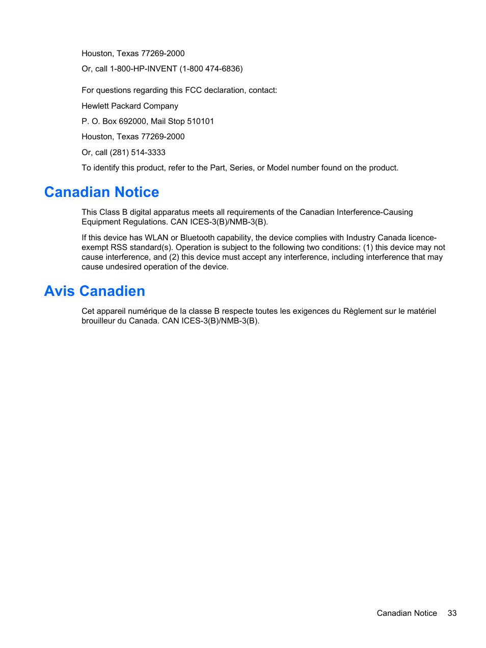 Canadian notice, Avis canadien, Canadian notice avis canadien | HP RP7 Retail System Model 7100 User Manual | Page 39 / 41