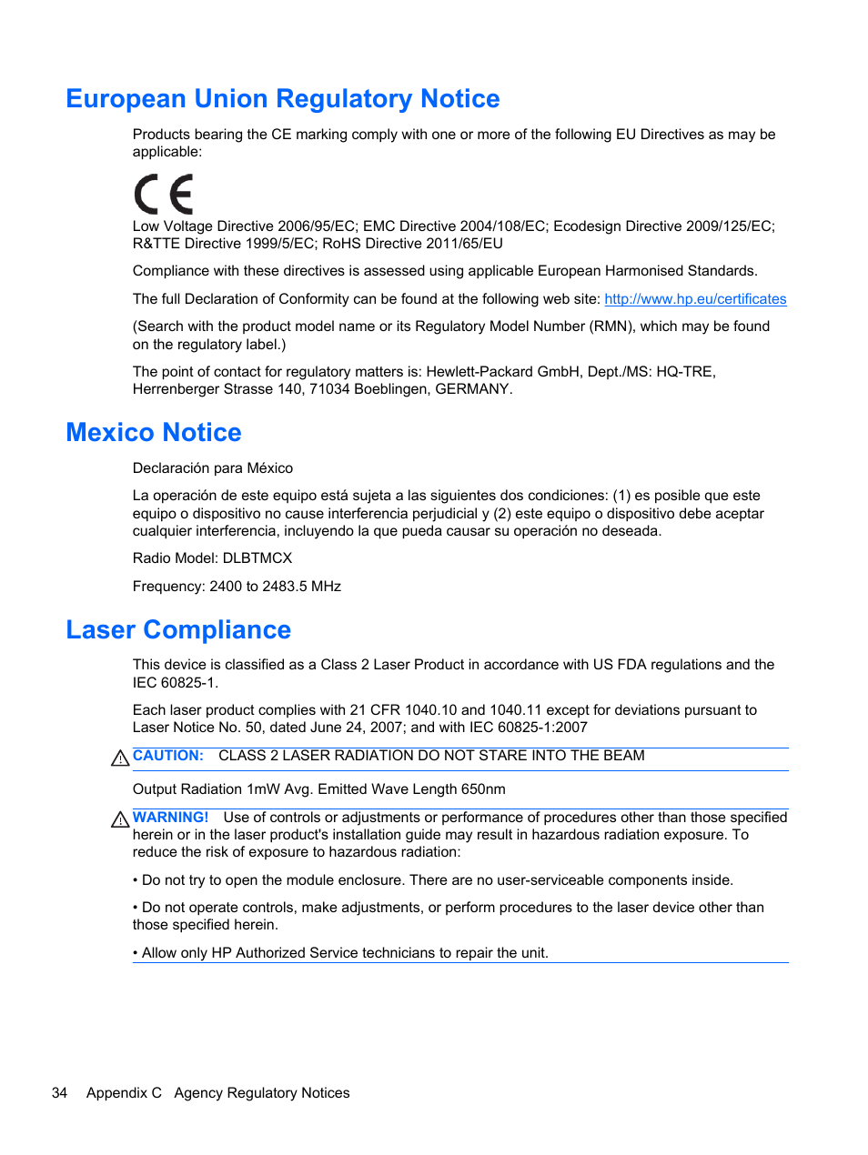 European union regulatory notice, Mexico notice, Laser compliance | HP RP7 Retail System Model 7100 User Manual | Page 40 / 41