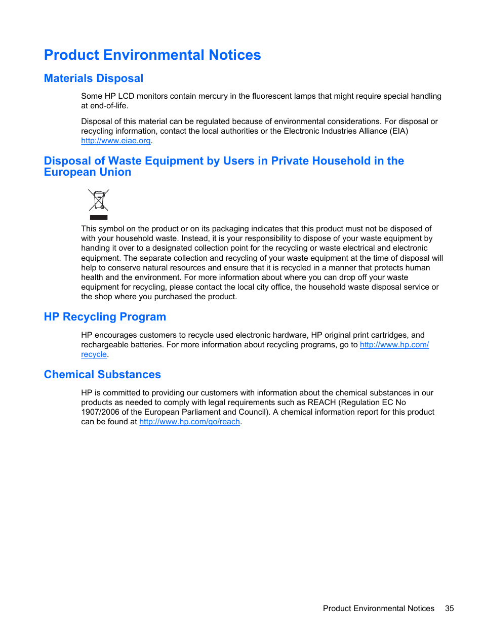 Product environmental notices, Materials disposal, Hp recycling program | Chemical substances | HP RP7 Retail System Model 7100 User Manual | Page 41 / 41