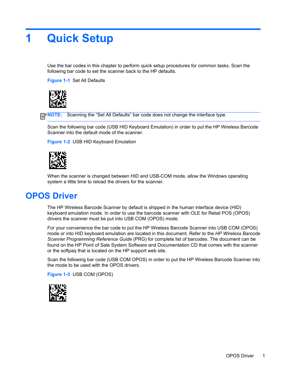 Quick setup, Opos driver, 1 quick setup | 1quick setup | HP RP7 Retail System Model 7100 User Manual | Page 7 / 41