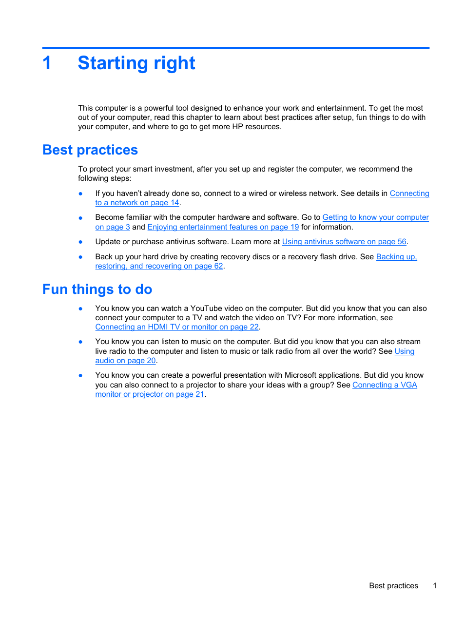 Starting right, Best practices, Fun things to do | 1 starting right, Best practices fun things to do, 1starting right | HP 245 G1 Notebook PC User Manual | Page 11 / 89