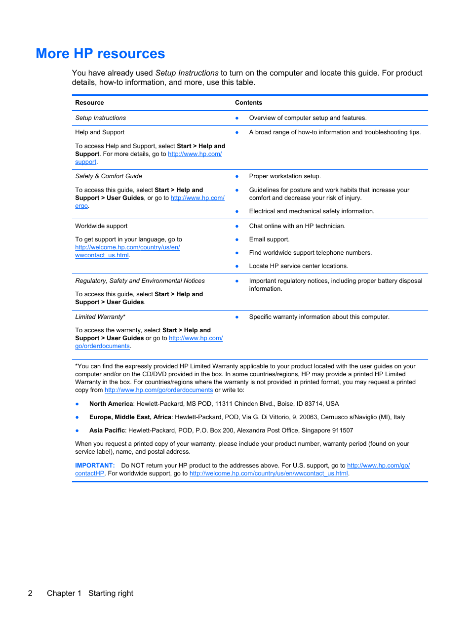 More hp resources, 2chapter 1 starting right | HP 245 G1 Notebook PC User Manual | Page 12 / 89