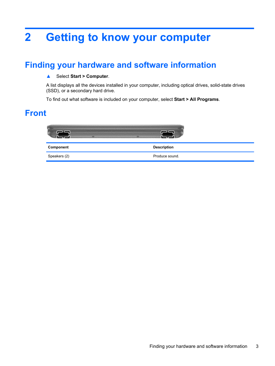 Getting to know your computer, Finding your hardware and software information, Front | 2 getting to know your computer, 2getting to know your computer | HP 245 G1 Notebook PC User Manual | Page 13 / 89
