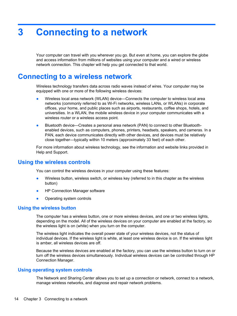 Connecting to a network, Connecting to a wireless network, Using the wireless controls | Using the wireless button, Using operating system controls, 3 connecting to a network, Connecting, 3connecting to a network | HP 245 G1 Notebook PC User Manual | Page 24 / 89