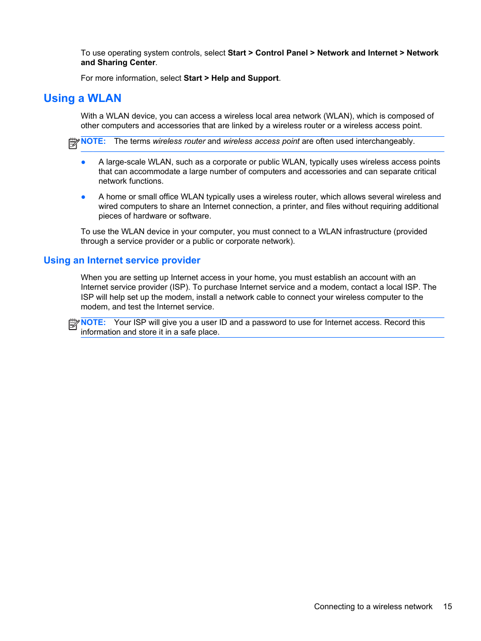 Using a wlan, Using an internet service provider | HP 245 G1 Notebook PC User Manual | Page 25 / 89