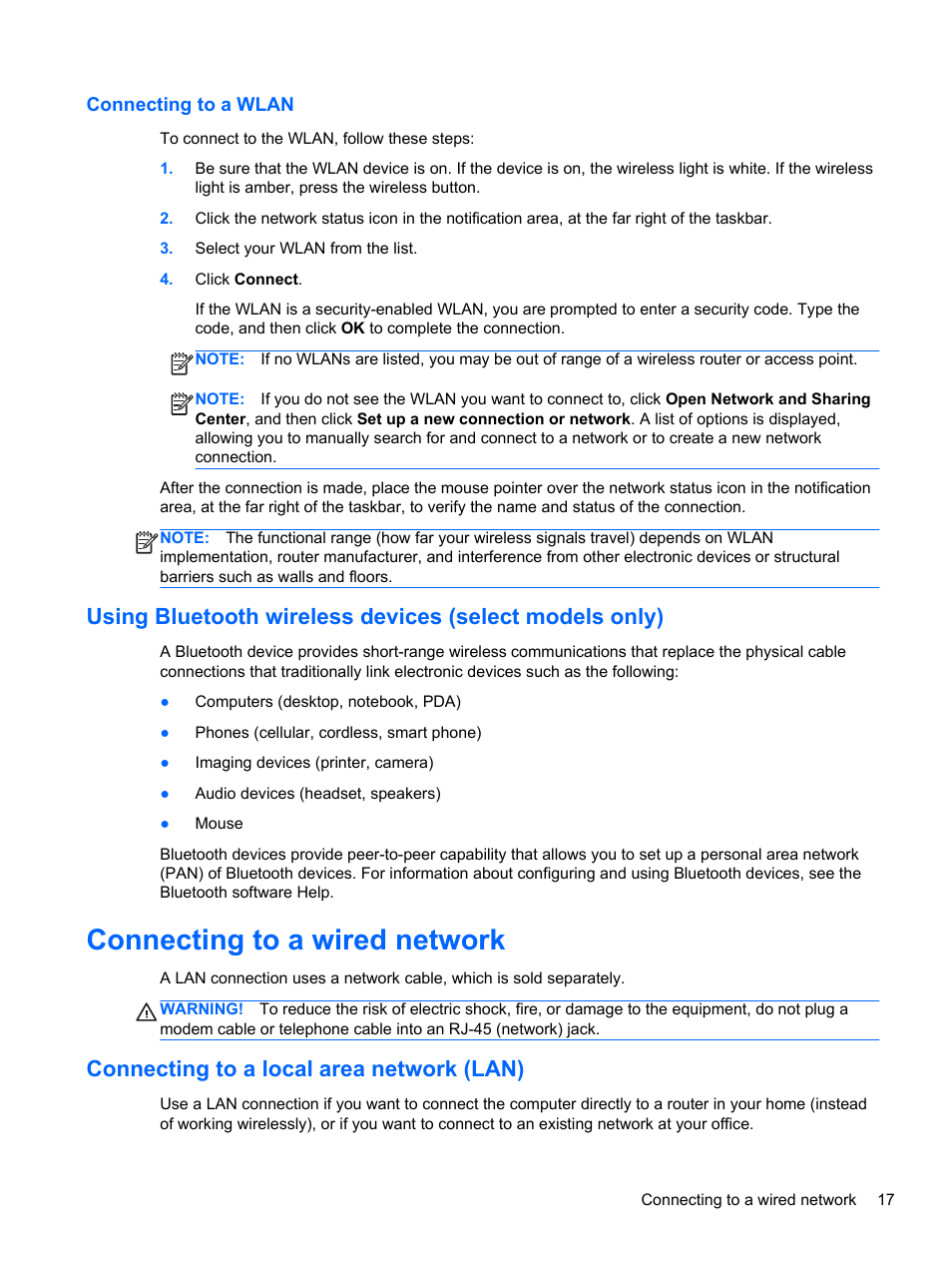 Connecting to a wlan, Connecting to a wired network, Connecting to a local area network (lan) | HP 245 G1 Notebook PC User Manual | Page 27 / 89