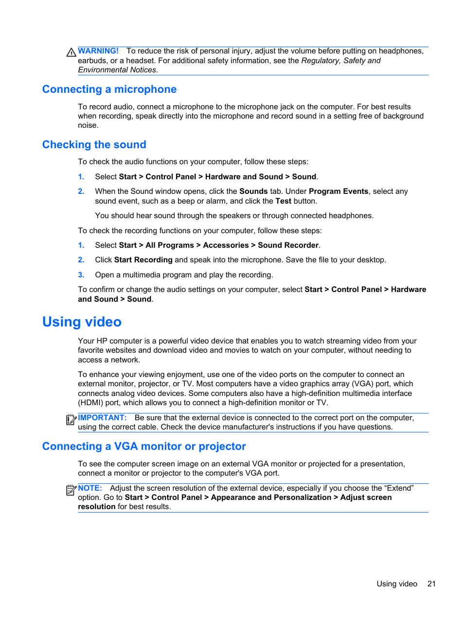 Connecting a microphone, Checking the sound, Using video | Connecting a vga monitor or projector, Connecting a microphone checking the sound, Connecting a vga | HP 245 G1 Notebook PC User Manual | Page 31 / 89
