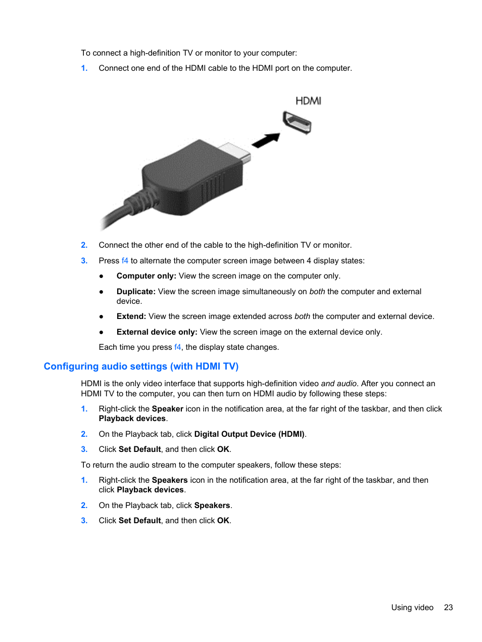 Configuring audio settings (with hdmi tv) | HP 245 G1 Notebook PC User Manual | Page 33 / 89