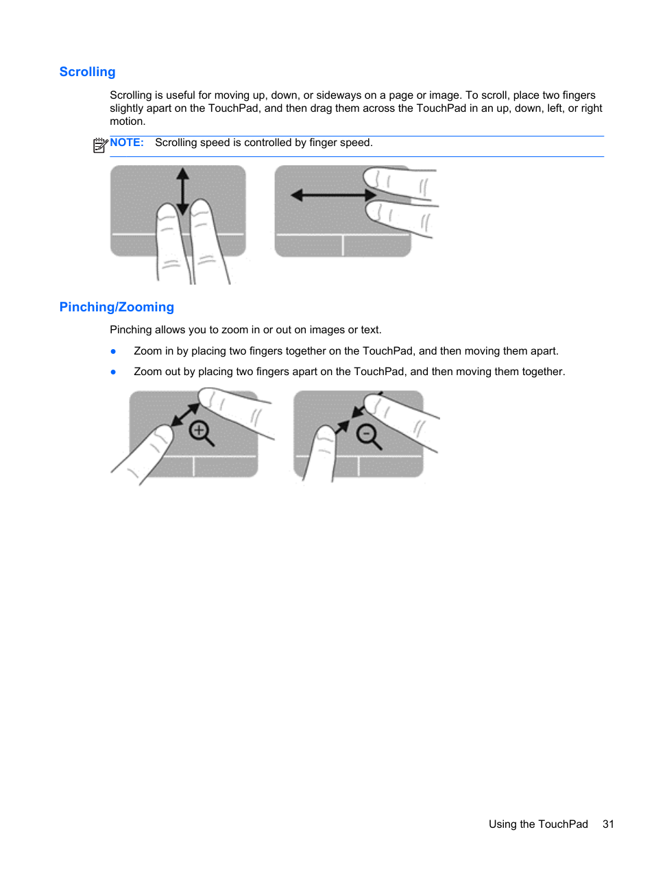 Scrolling, Pinching/zooming, Scrolling pinching/zooming | HP 245 G1 Notebook PC User Manual | Page 41 / 89