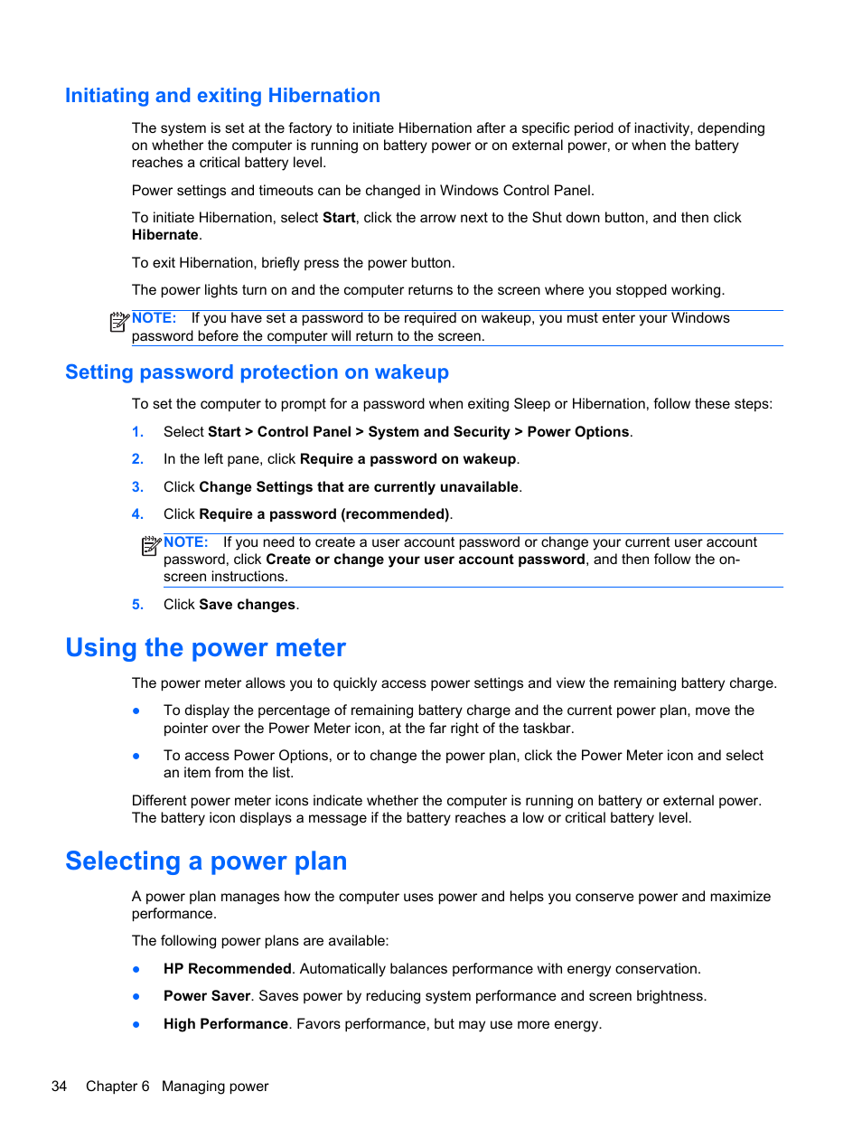 Initiating and exiting hibernation, Setting password protection on wakeup, Using the power meter | Selecting a power plan, Using the power meter selecting a power plan | HP 245 G1 Notebook PC User Manual | Page 44 / 89