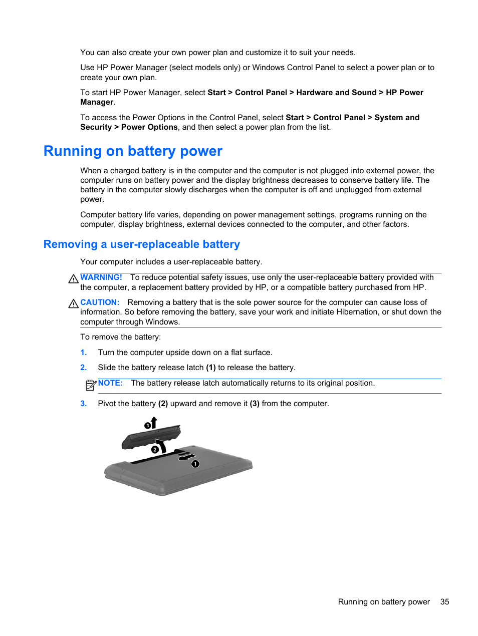 Running on battery power, Removing a user-replaceable battery | HP 245 G1 Notebook PC User Manual | Page 45 / 89