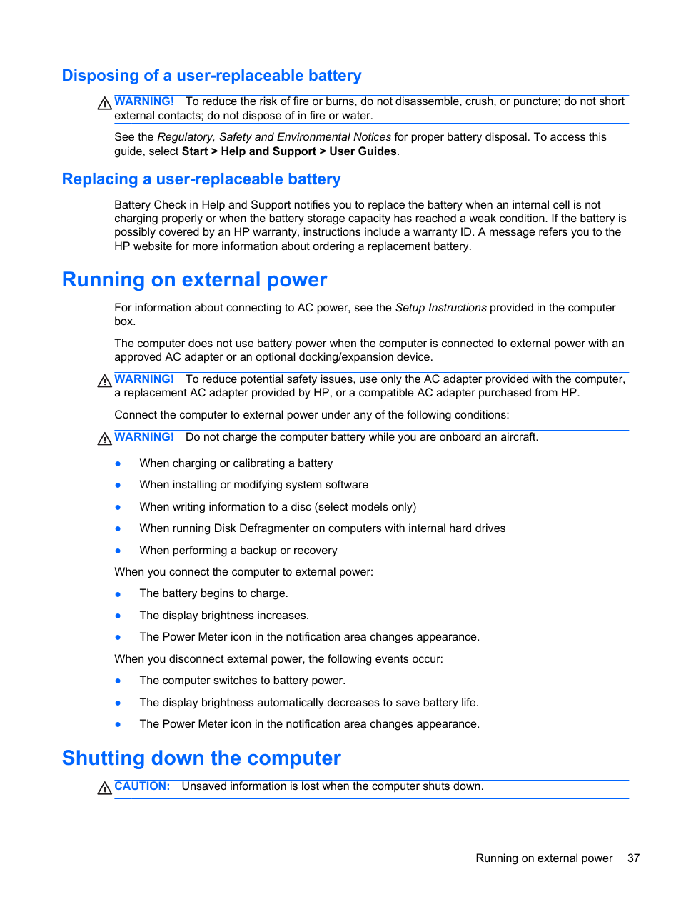 Disposing of a user-replaceable battery, Replacing a user-replaceable battery, Running on external power | Shutting down the computer | HP 245 G1 Notebook PC User Manual | Page 47 / 89