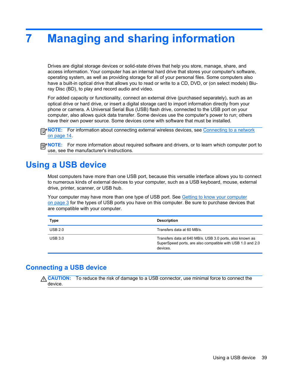 Managing and sharing information, Using a usb device, Connecting a usb device | 7 managing and sharing information, 7managing and sharing information | HP 245 G1 Notebook PC User Manual | Page 49 / 89