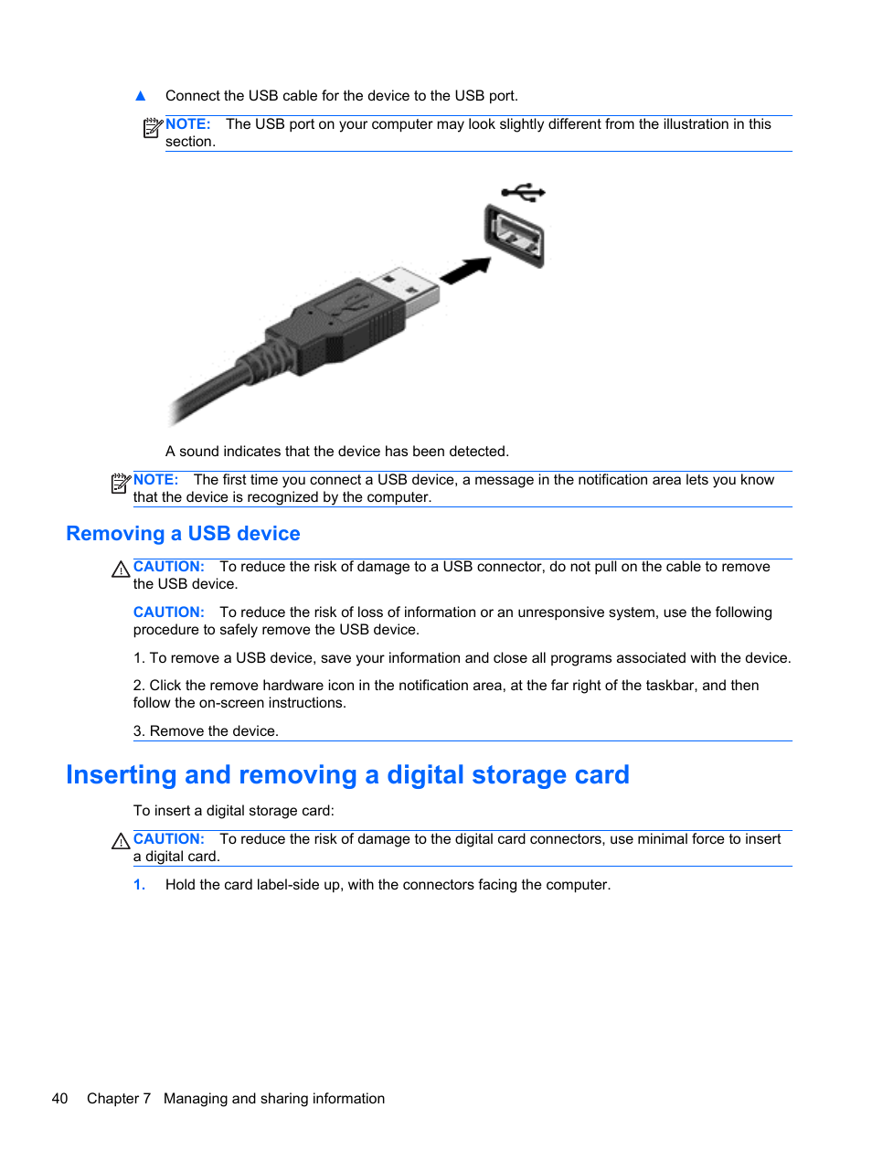 Removing a usb device, Inserting and removing a digital storage card | HP 245 G1 Notebook PC User Manual | Page 50 / 89