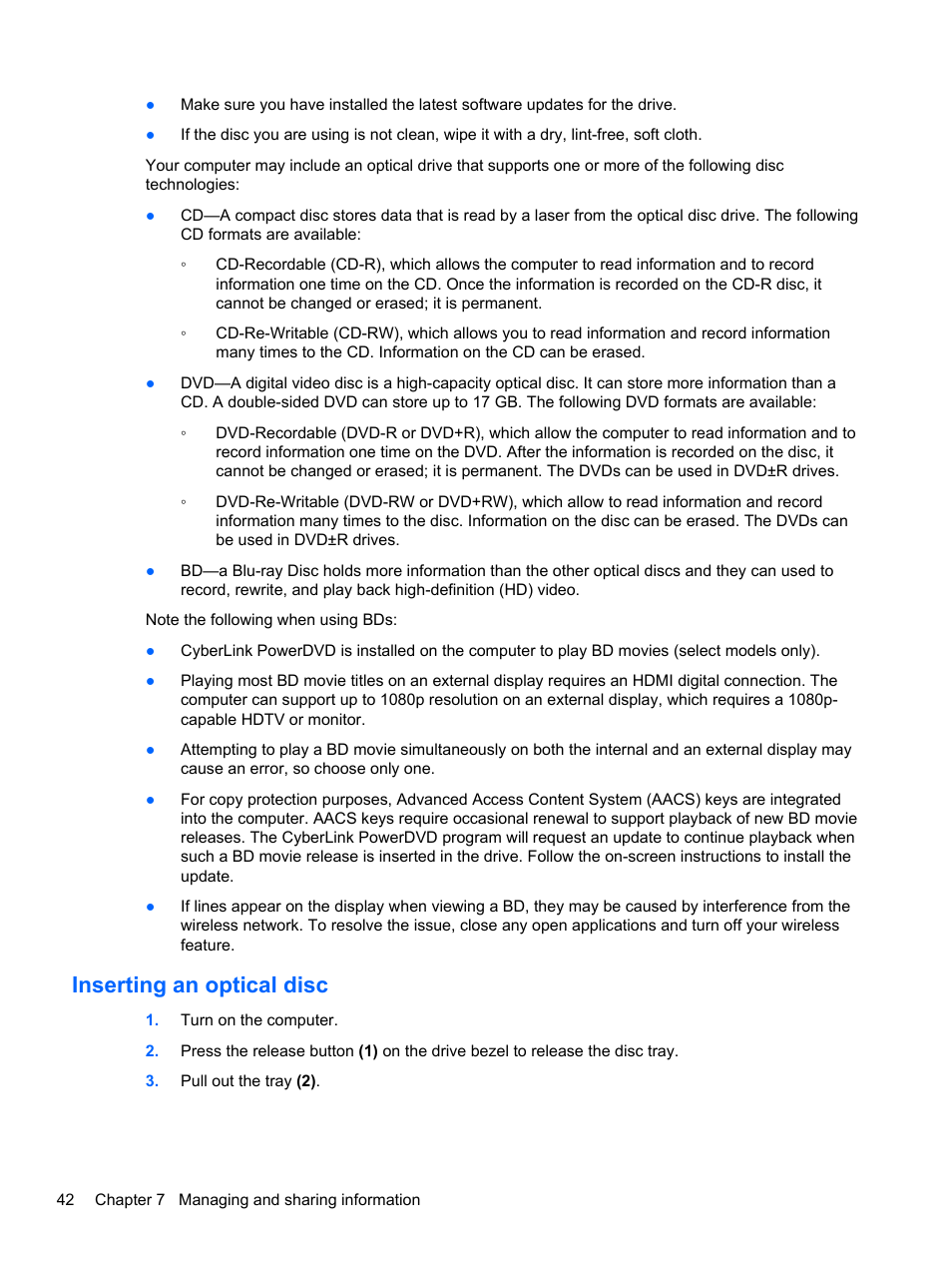 Inserting an optical disc | HP 245 G1 Notebook PC User Manual | Page 52 / 89