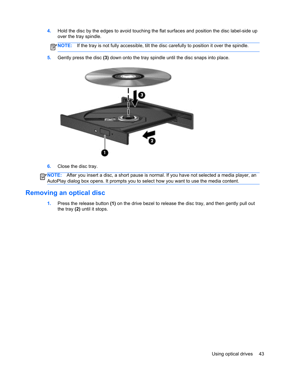 Removing an optical disc | HP 245 G1 Notebook PC User Manual | Page 53 / 89