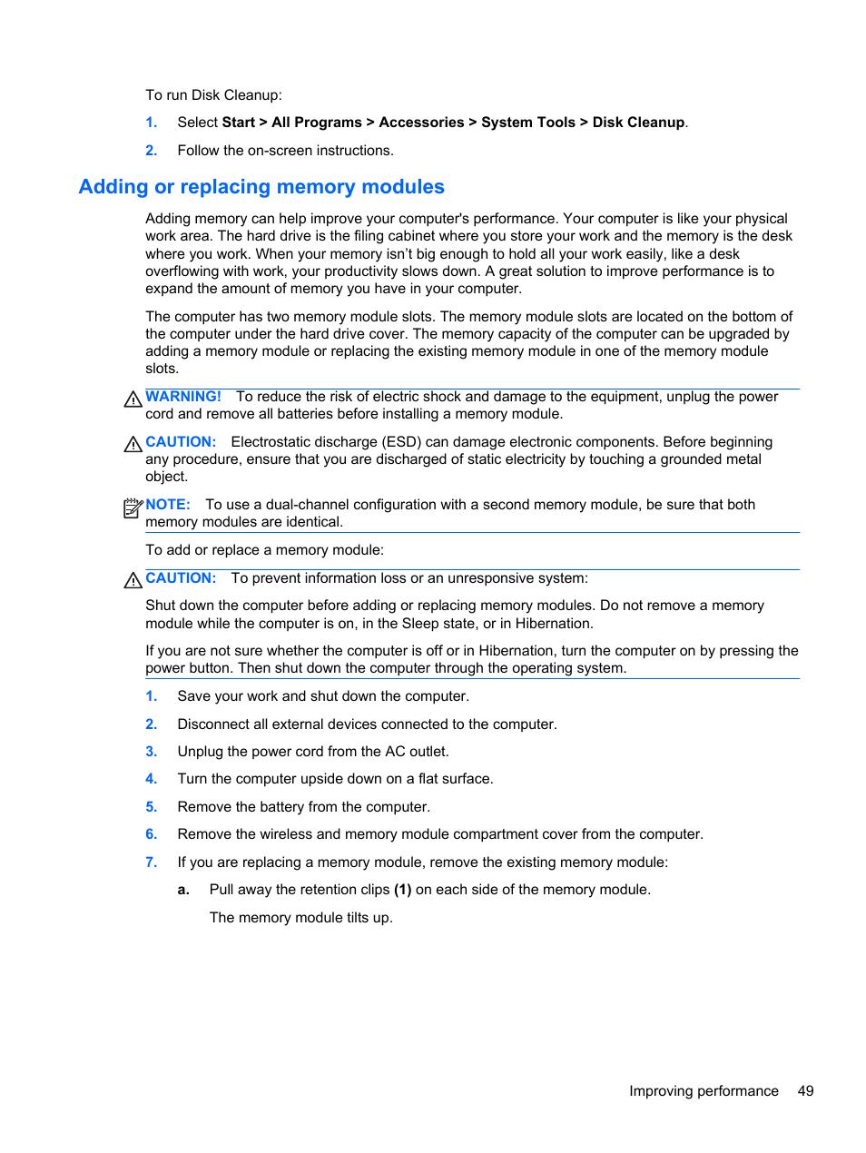 Adding or replacing memory modules | HP 245 G1 Notebook PC User Manual | Page 59 / 89