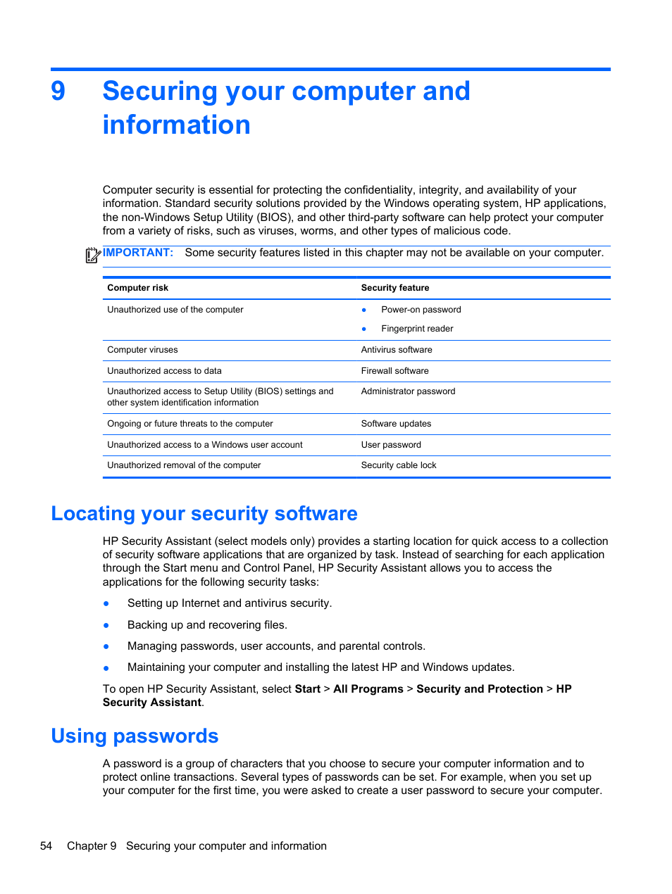 Securing your computer and information, Locating your security software, Using passwords | 9 securing your computer and information, Locating your security software using passwords, 9securing your computer and information | HP 245 G1 Notebook PC User Manual | Page 64 / 89