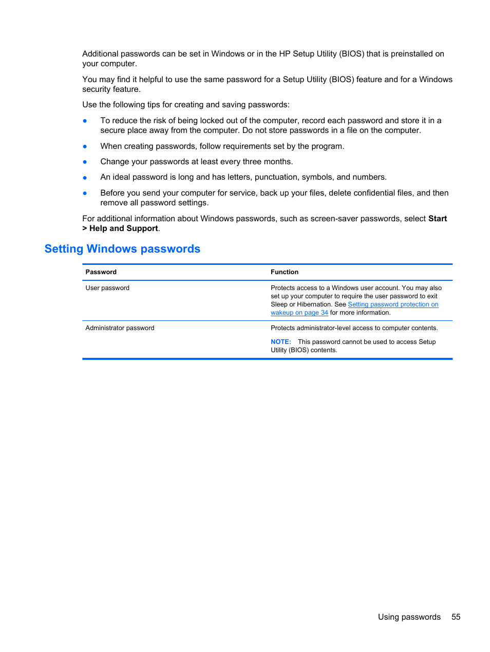 Setting windows passwords | HP 245 G1 Notebook PC User Manual | Page 65 / 89