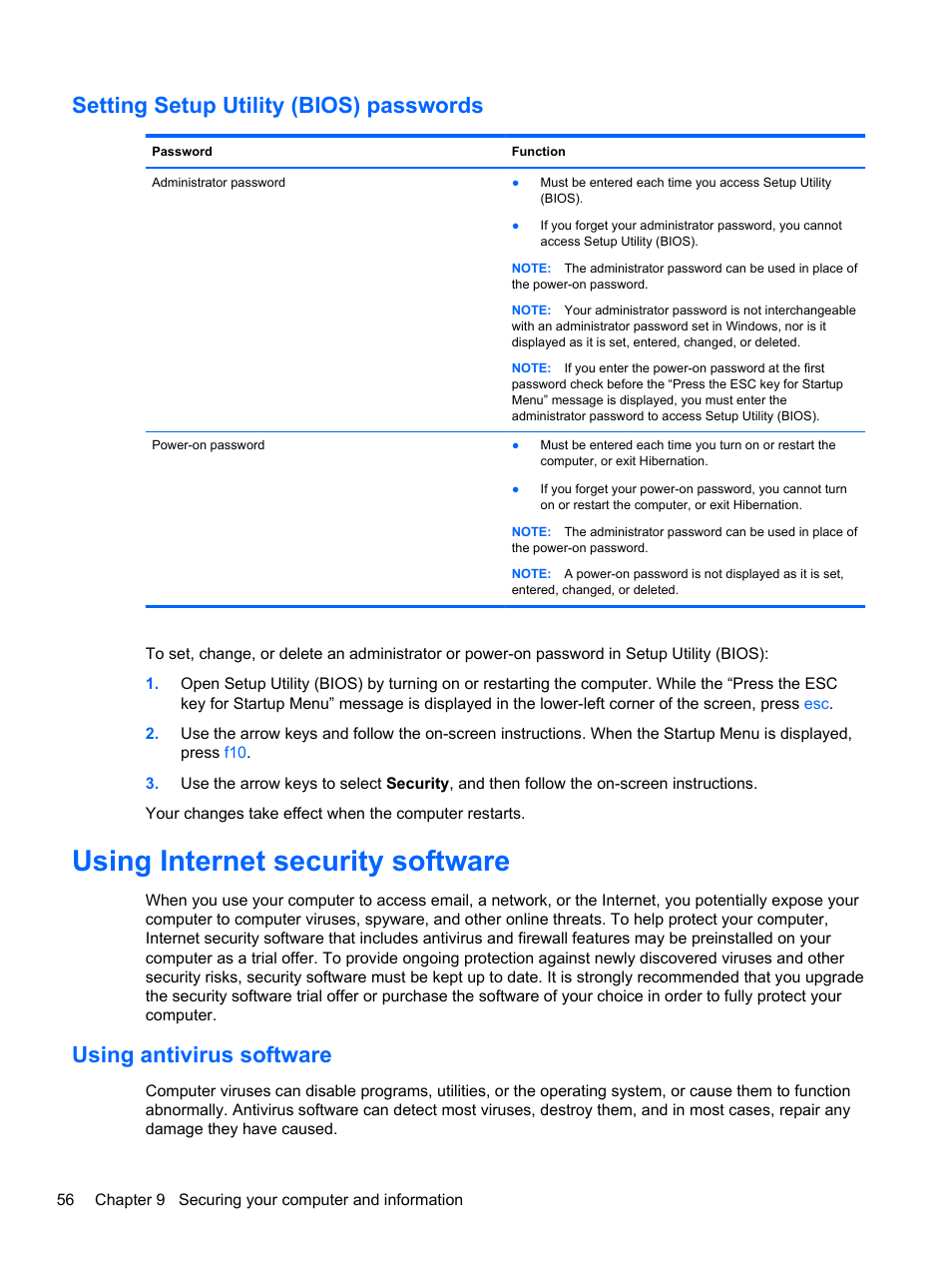 Setting setup utility (bios) passwords, Using internet security software, Using antivirus software | HP 245 G1 Notebook PC User Manual | Page 66 / 89