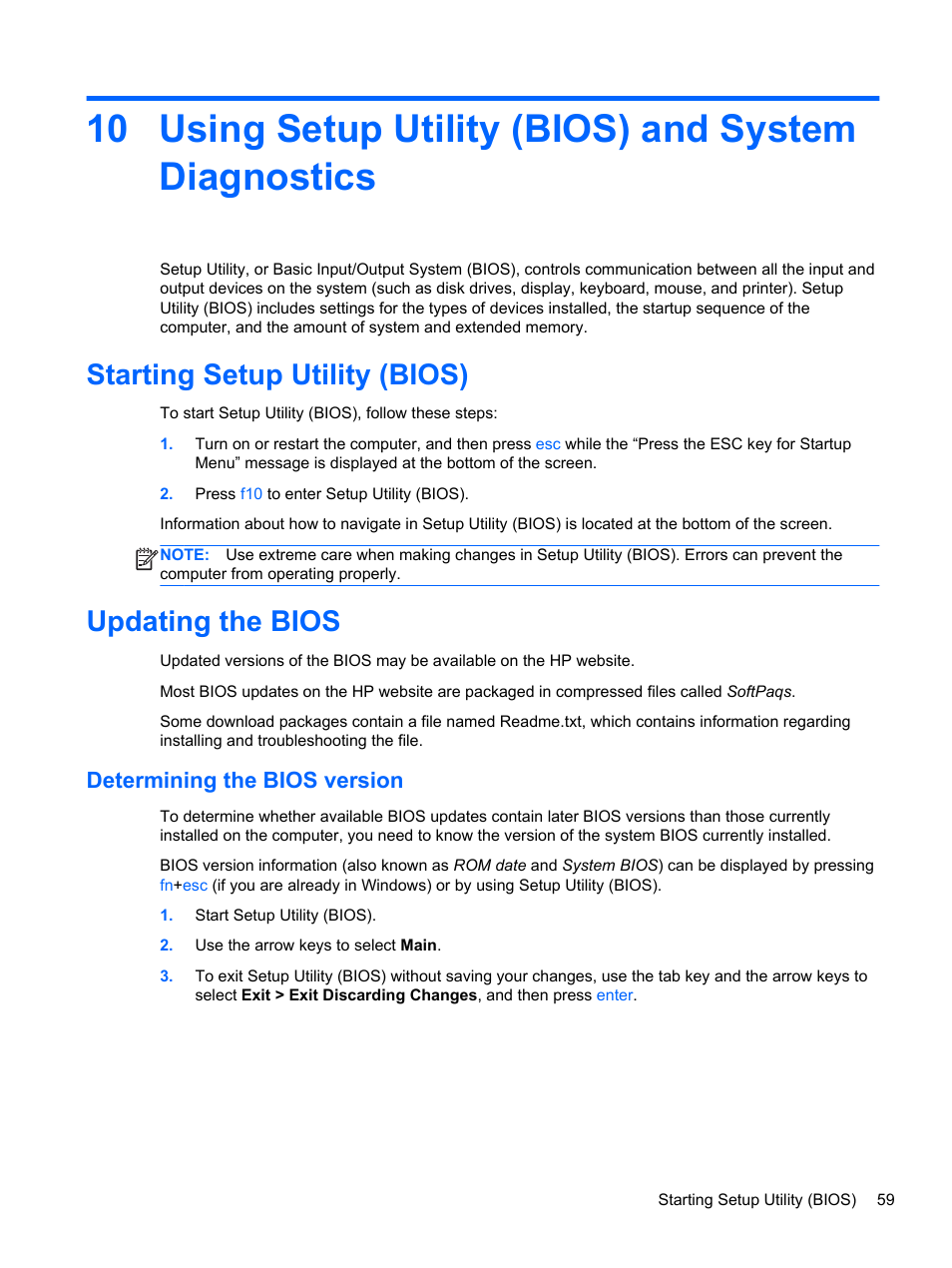 Using setup utility (bios) and system diagnostics, Starting setup utility (bios), Updating the bios | Determining the bios version, Starting setup utility (bios) updating the bios | HP 245 G1 Notebook PC User Manual | Page 69 / 89