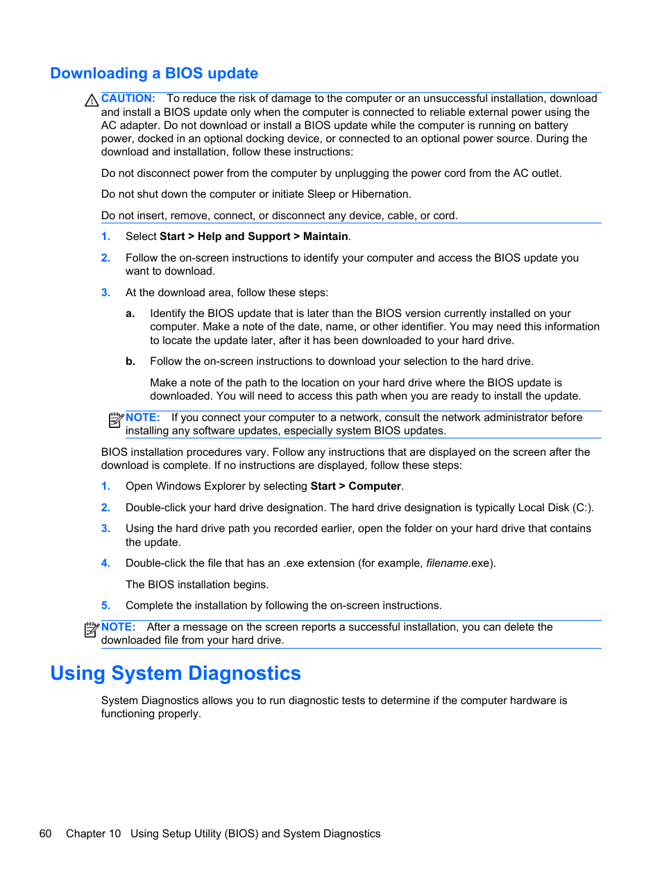 Downloading a bios update, Using system diagnostics | HP 245 G1 Notebook PC User Manual | Page 70 / 89