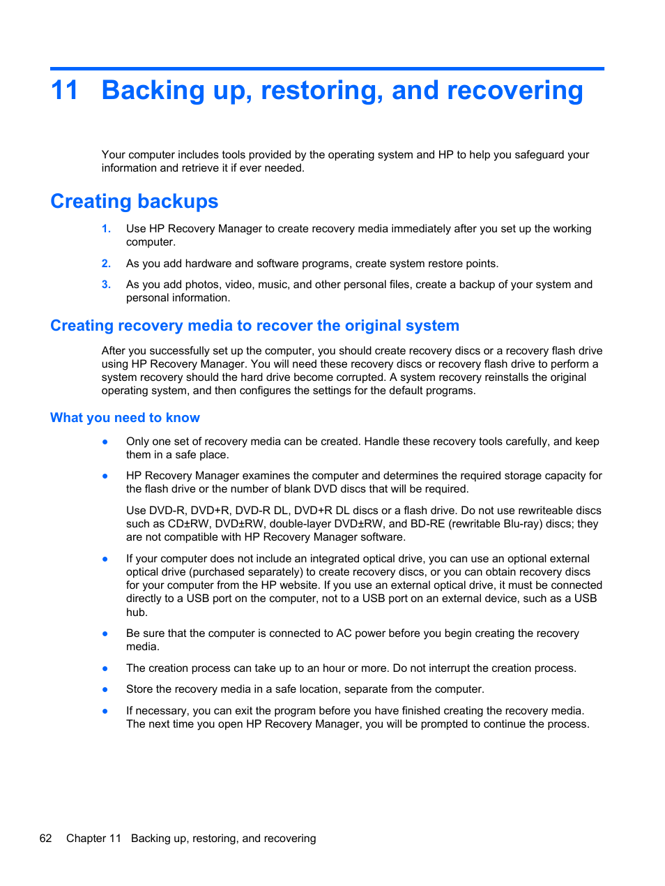 Backing up, restoring, and recovering, Creating backups, What you need to know | 11 backing up, restoring, and recovering, Backing up | HP 245 G1 Notebook PC User Manual | Page 72 / 89