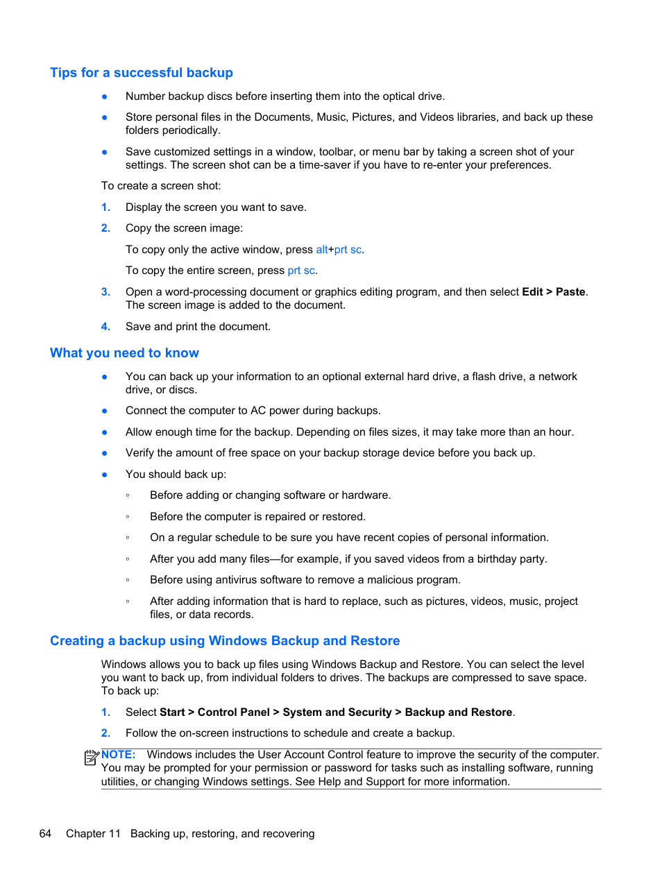 Tips for a successful backup, What you need to know, Creating a backup using windows backup and restore | HP 245 G1 Notebook PC User Manual | Page 74 / 89