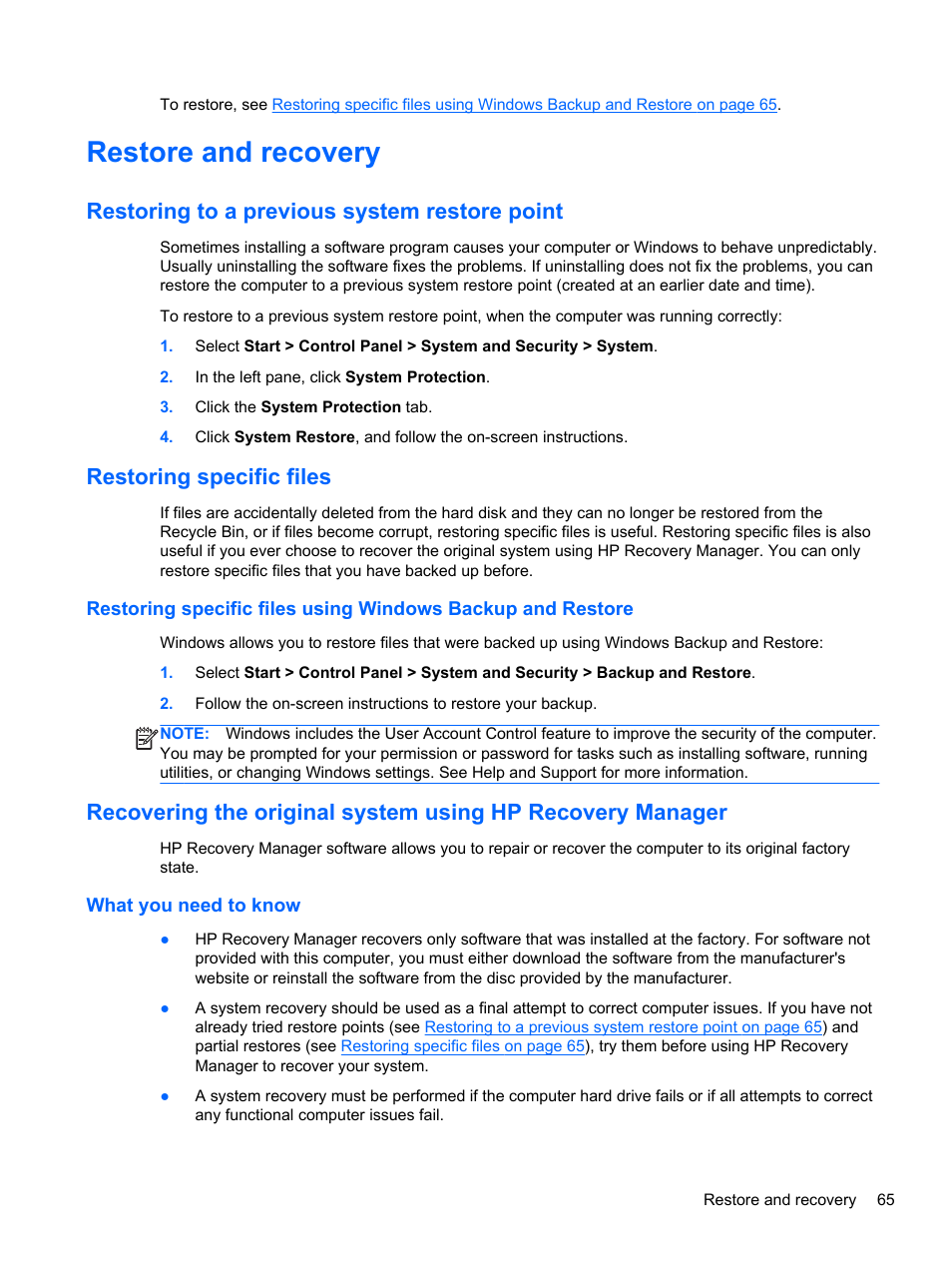 Restore and recovery, Restoring to a previous system restore point, Restoring specific files | What you need to know | HP 245 G1 Notebook PC User Manual | Page 75 / 89