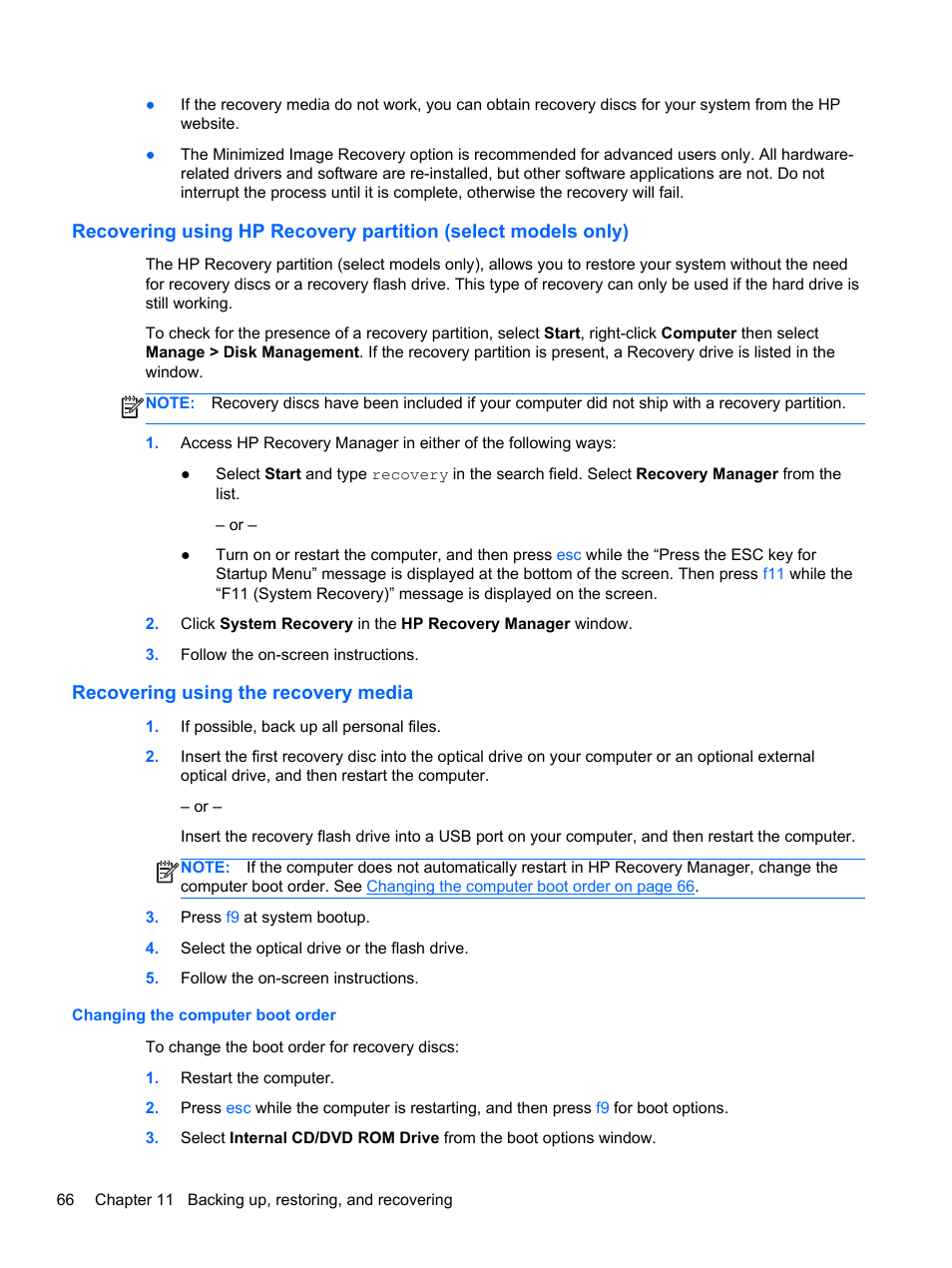 Recovering using the recovery media, Changing the computer boot order | HP 245 G1 Notebook PC User Manual | Page 76 / 89