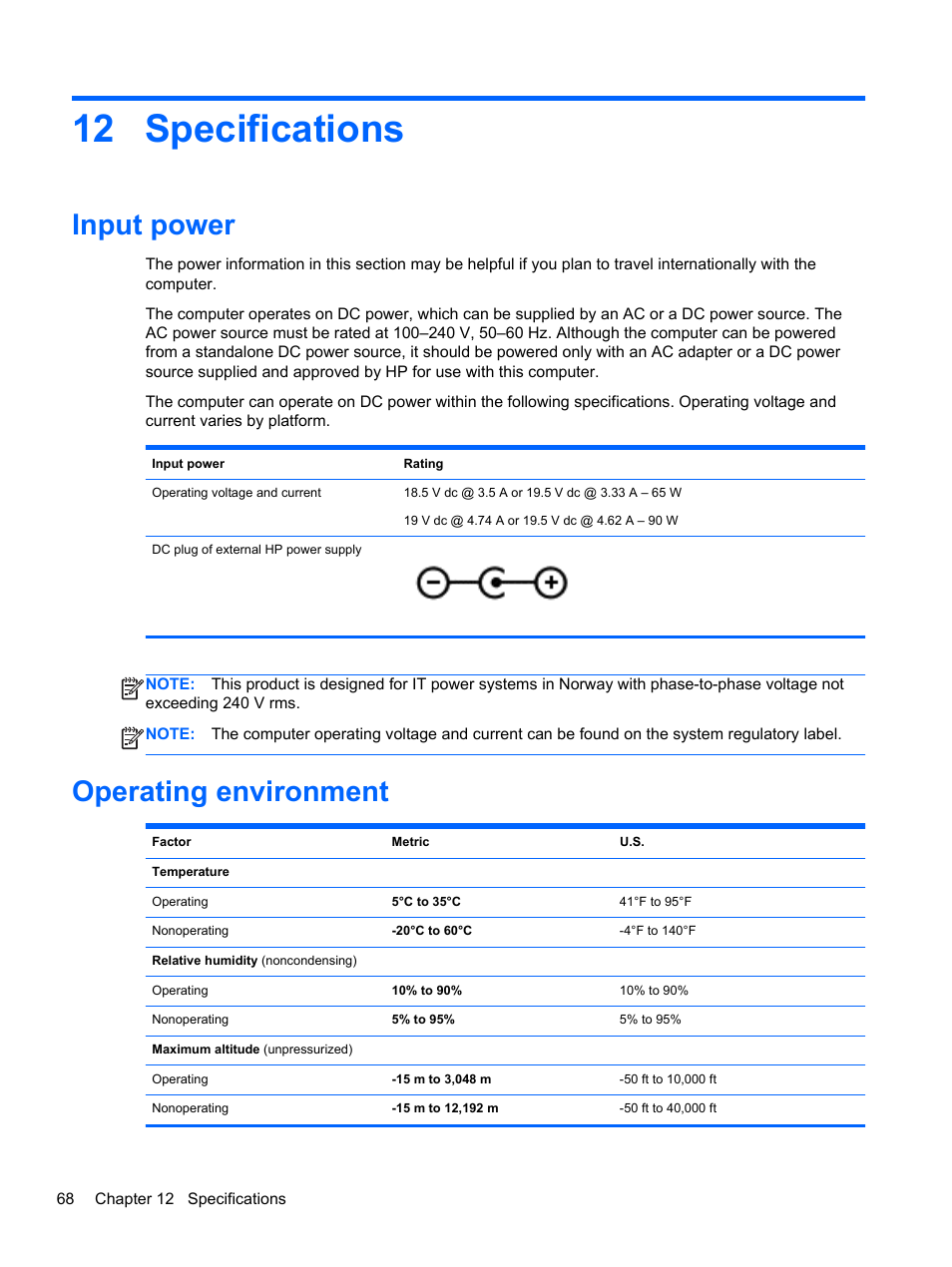 Specifications, Input power, Operating environment | 12 specifications, Input power operating environment | HP 245 G1 Notebook PC User Manual | Page 78 / 89