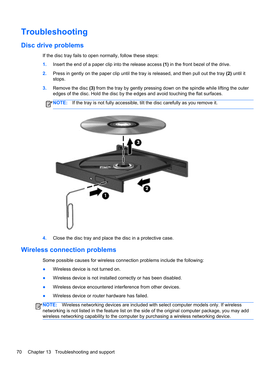 Troubleshooting, Disc drive problems, Wireless connection problems | Disc drive problems wireless connection problems | HP 245 G1 Notebook PC User Manual | Page 80 / 89