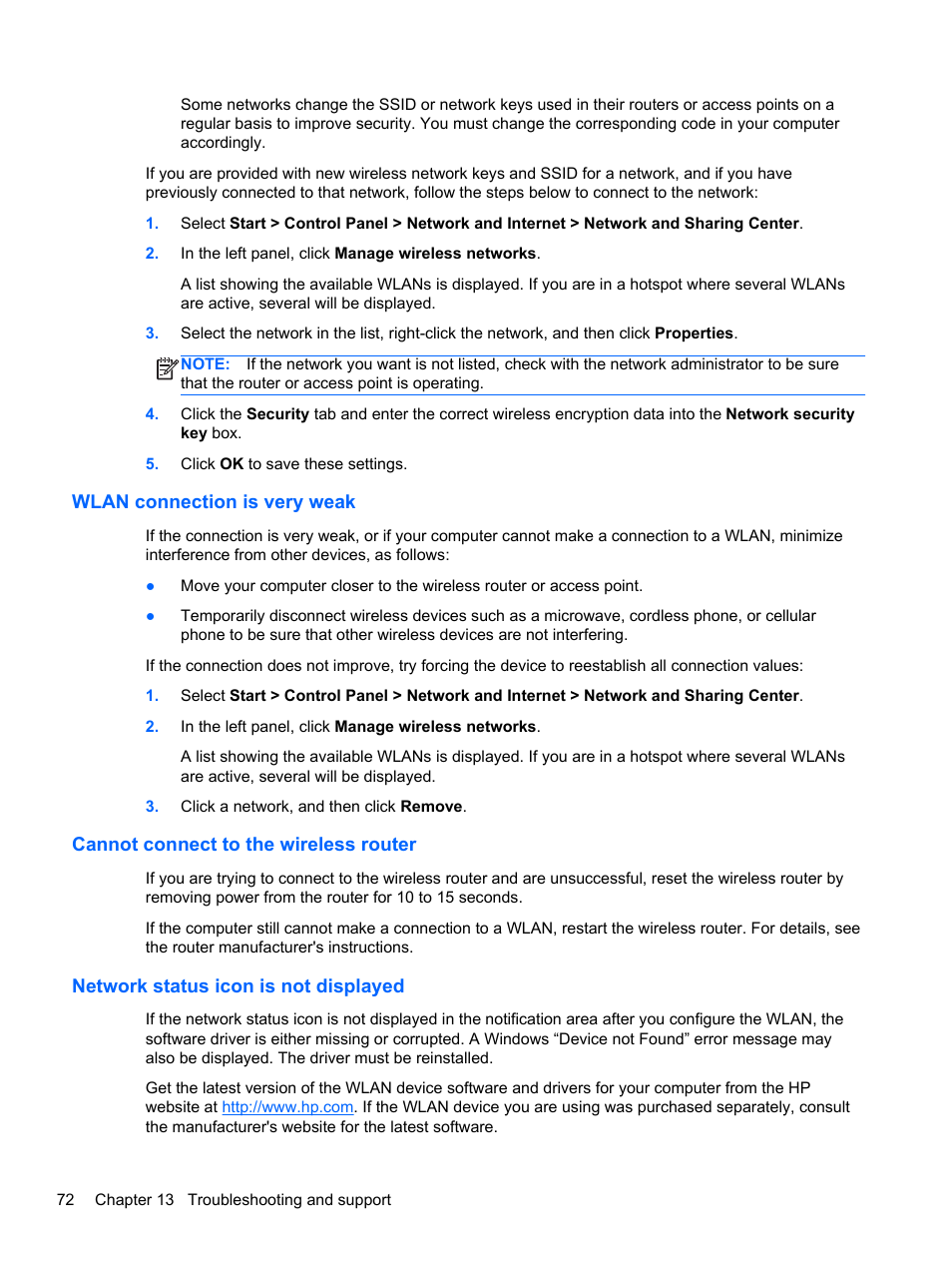 Wlan connection is very weak, Cannot connect to the wireless router, Network status icon is not displayed | HP 245 G1 Notebook PC User Manual | Page 82 / 89