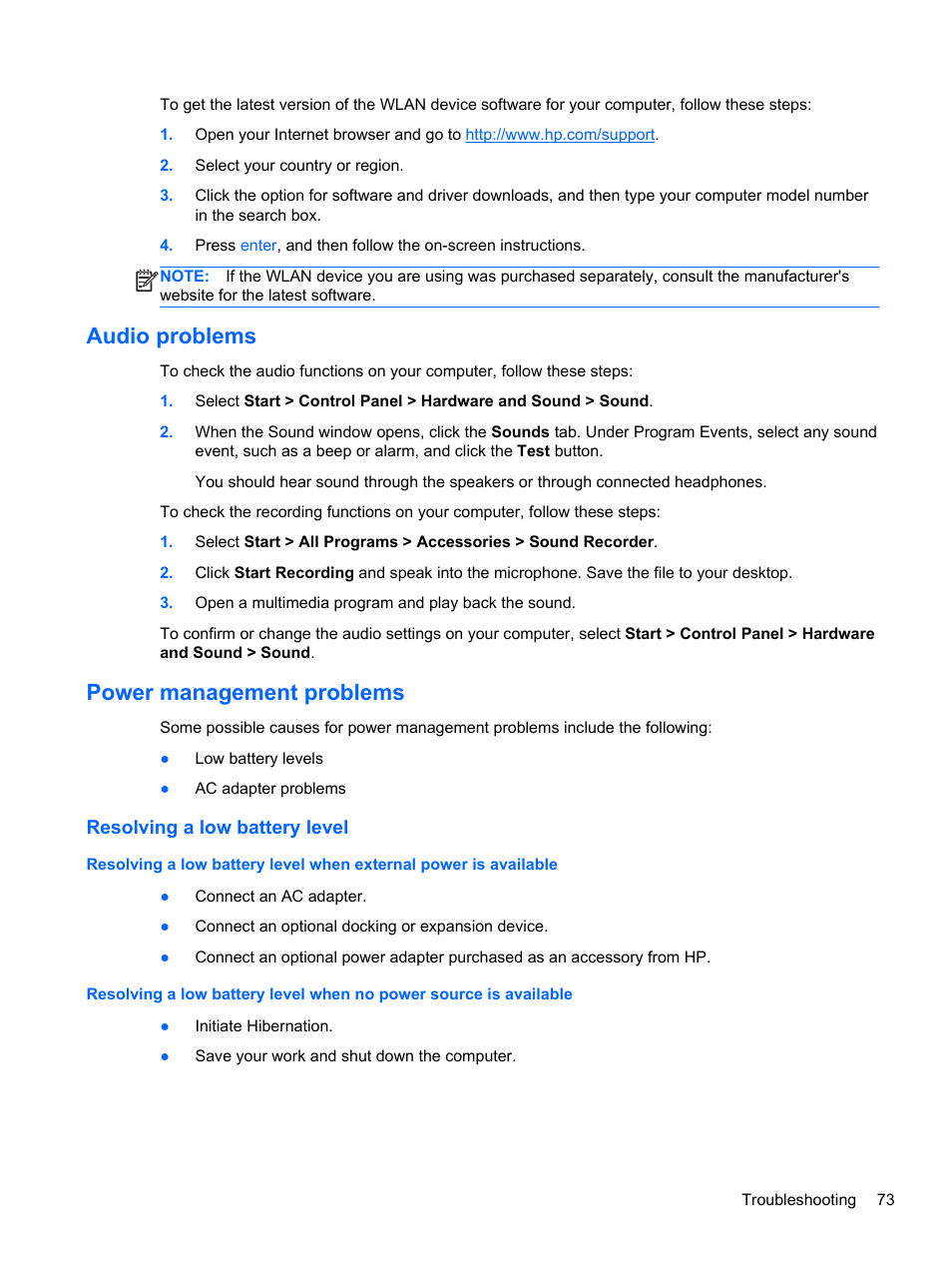 Audio problems, Power management problems, Resolving a low battery level | Audio problems power management problems | HP 245 G1 Notebook PC User Manual | Page 83 / 89
